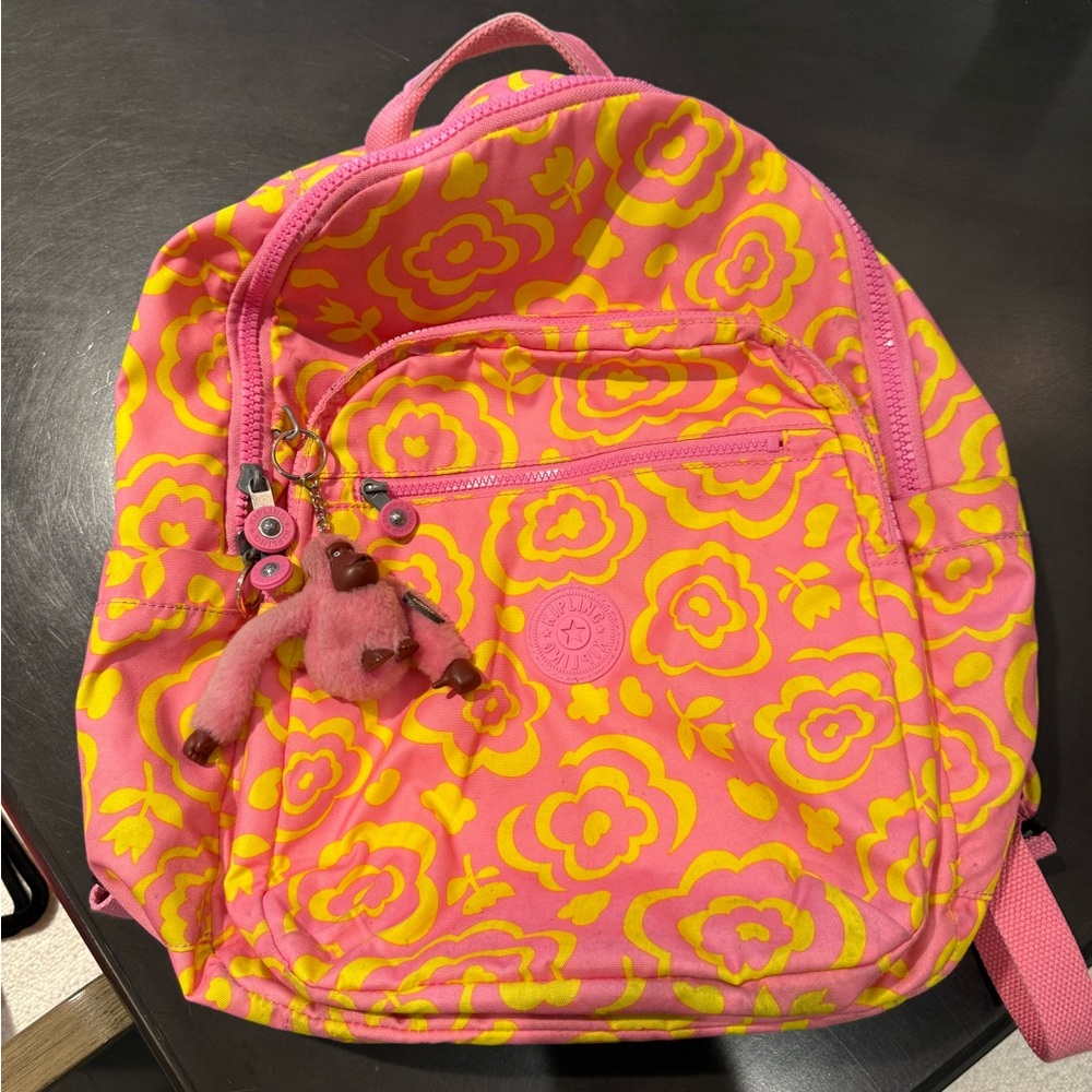 🌸 Kipling Pink & Yellow Floral Backpack – Small/Medium Size